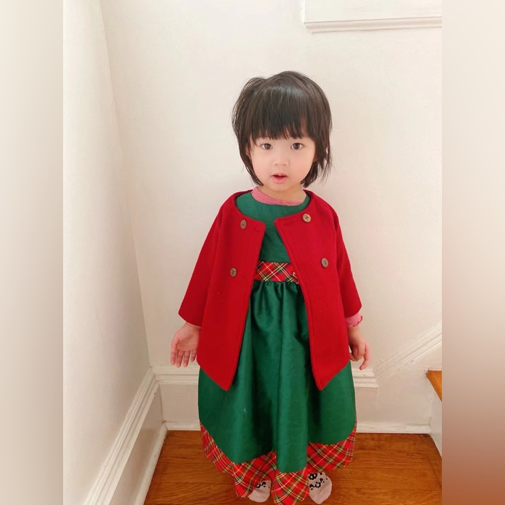 LAURA ASHLEY LONDON Holiday GIRLS LINED DRESS GREEN WITH RED PLAID TRIM Sz 4T - Picture 3 of 12